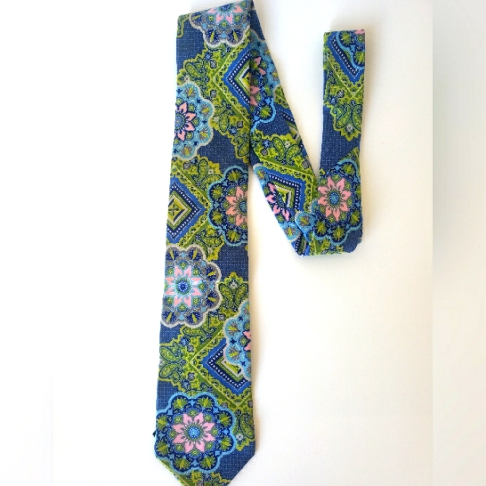 Extra Long Murano Silk Floral Patterned Tie in Blue and Green